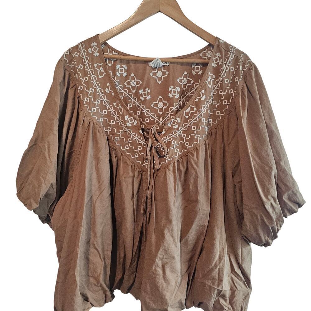 Festi Boho Blouse Womens 4X Brown Embroidered Cottage Indie Relaxed Festival
